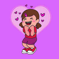 Cute girl smiling happily with hearts. Isolated love icon concept. emotions. flat cartoon style