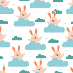 seamless pattern cartoon bunny on the clouds. cute animal wallpaper for textile, gift wrap paper
