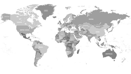 Highly detailed world map with labeling. Grayscale vector illustration