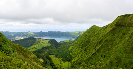 Panoramic landscape view of Lagoon of Sete Cidades from Boca do Inferno viewpoint in the island of Sao Miguel, Azores, Portugal