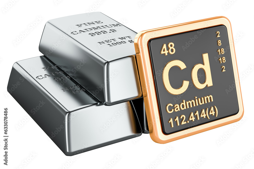 Poster cadmium ingots with chemical element icon cadmium cd, 3d rendering isolated on transparent backgroun