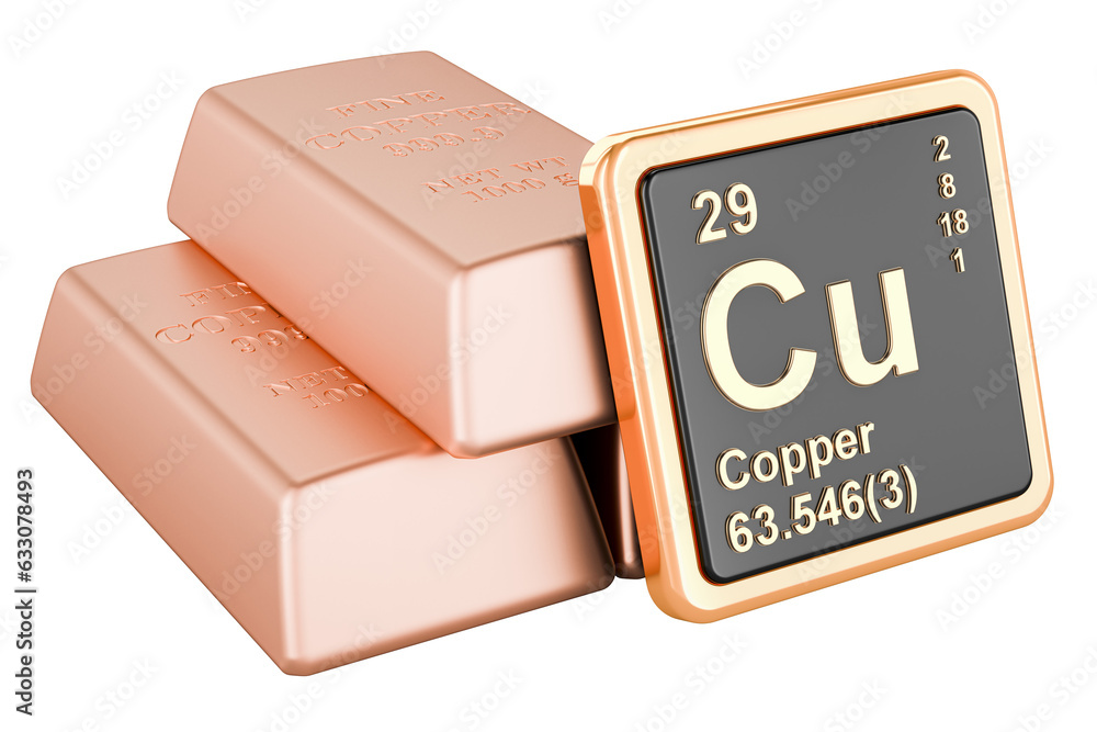 Poster copper ingots background with chemical element icon copper cu, 3d rendering isolated on transparent 