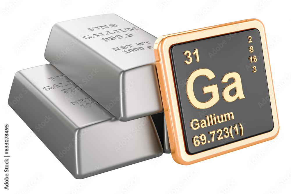 Poster gallium ingots with chemical element icon gallium ga, 3d rendering isolated on transparent backgroun