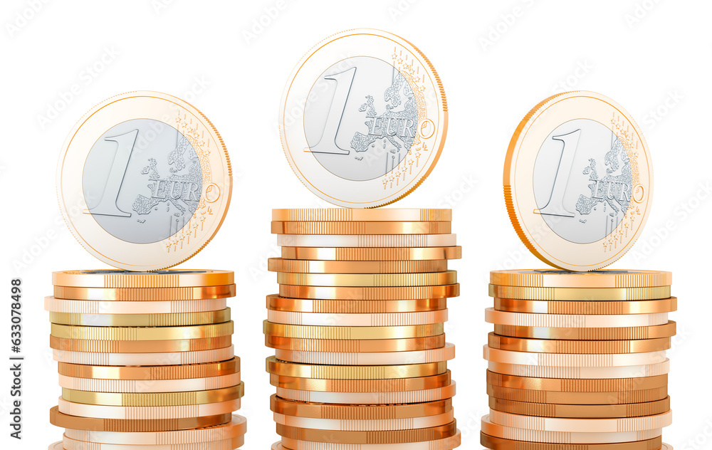 Poster euro coins with stacks of golden coins, 3d rendering isolated on transparent background