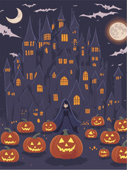 Happy Halloween Party Posters with night clouds and pumpkins in paper cut style. Vector illustration. Full moon, witches cauldron, spiders web and flying bat. Place for text. leaflet background