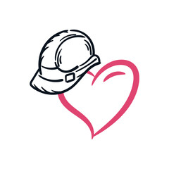 Safety helmet and heart love drawing concept. Labor day, love your job, hand drawn doodle icon logo vector illustration