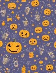 Happy Halloween Party Posters with night clouds and pumpkins in paper cut style. Vector illustration. Full moon, witches cauldron, spiders web and flying bat. Place for text. leaflet background