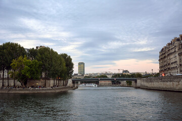 Fototapeta premium View of the bridge and river embankment of a modern European city in France. A cruise ship floats by in the distance