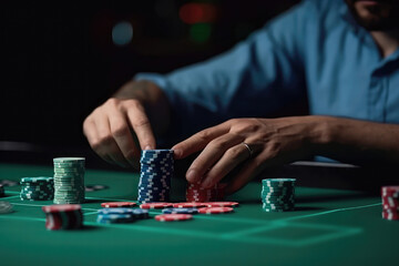 Closeup Of Male Dealers Hand In Casino On Green Table With Chips. Generative AI