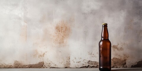 A bottle of beer without a label standing on a table against a concrete wall. Copy space for text.