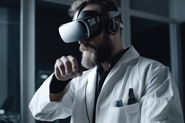 Doctor wears VR glasses and performs treatment with VR, the concept of using modern technology to treat patients and help the sick. Generative AI.