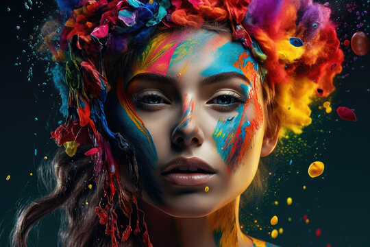 Artwork depicts a stunning woman with vibrant colors adorning her face, which adds to her already captivating beauty. Generative AI, AI.