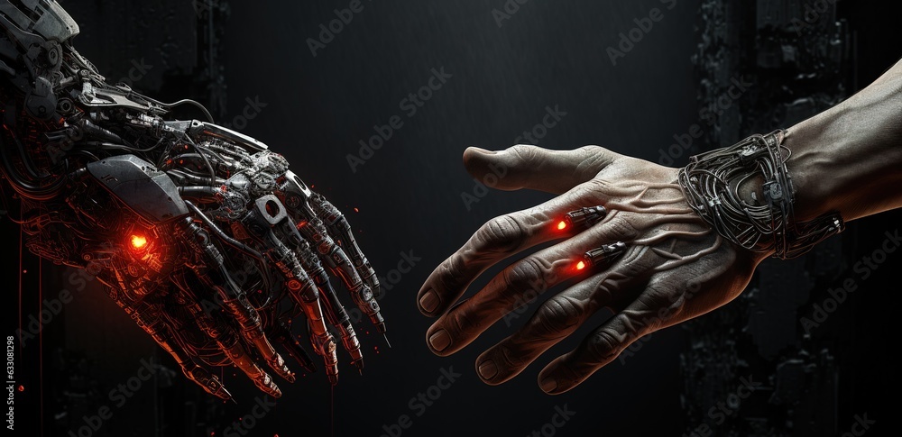Poster mechanical robot arm or hand presses the index finger on the hud virtual holographic interface butto