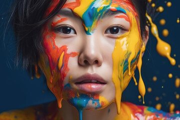 The photo presents a beautiful Asian girl in colorful attire, paint. Generative AI, AI.