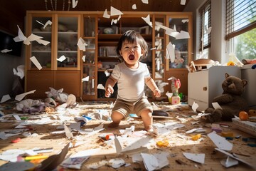 a playful hyperactive cute asian toddler child misbehaving and making a huge mess in a living-room, throwing around things and shredding paper. Studio light