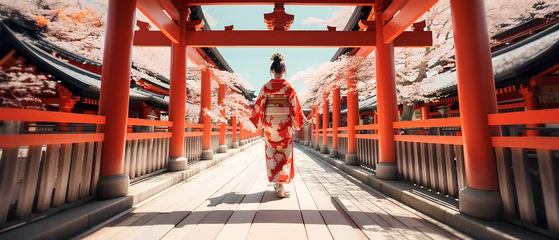 Gordijnen kimono girl walking torii road © Marry