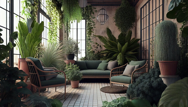 Lots of beautiful green lush indoor plants on the terrace. Decoration and landscaping of the terrace, Ai generated image