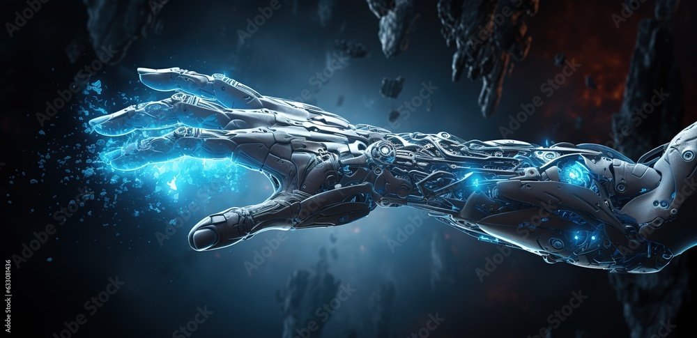 Aufkleber mechanical robot arm or hand presses the index finger on the hud virtual holographic interface butto