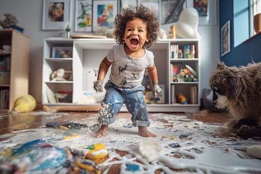 a playful hyperactive cute brown toddler child misbehaving and making a huge mess in a living-room, throwing around things and shredding paper. Studio light