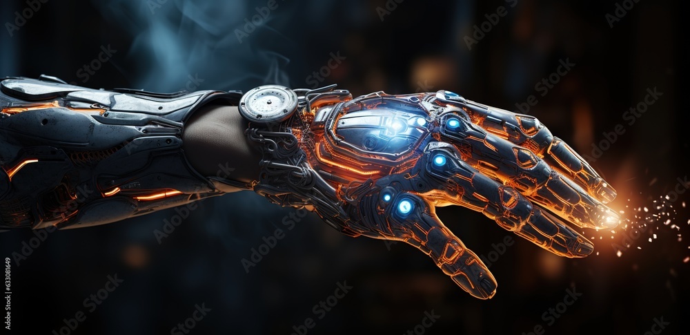 Poster mechanical robot arm or hand presses the index finger on the hud virtual holographic interface butto