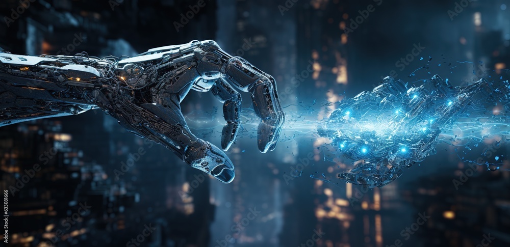 Aufkleber mechanical robot arm or hand presses the index finger on the hud virtual holographic interface butto