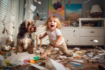 a playful hyperactive cute blond toddler child and a dog misbehaving and making a huge mess in a...