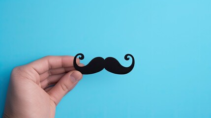 A hand holds a mustache cut out of black cardboard on a blue background. movember. Man's health. Men support.