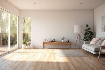 Fototapeta na wymiar A rendered image showcasing an unoccupied living room adorned with sunlight streaming through a sliding door, showcasing a wooden floor and pristine white walls. Perfect for renovation, new house