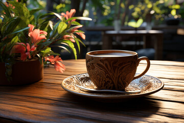 Tropical indulgence, tea or coffee cup surrounded by warm wood ambiance  Generative AI