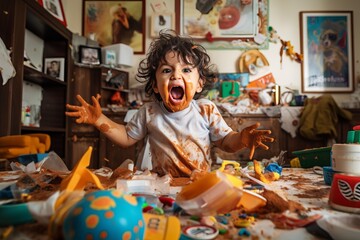 a playful hyperactive cute white toddler child misbehaving and making a huge mess in a living-room, throwing around things and shredding paper. Studio light