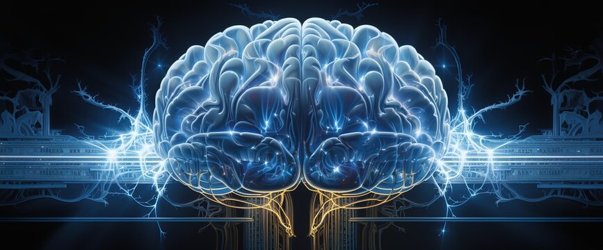 Double exposure of a creative hologram of a human brain microchip. Future technologies and AI concept