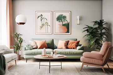 The living room of this cozy apartment boasts fashionable interior design with a trendy sofa, lush plants, beautifully designed furniture pieces, decorative elements, and sophisticated accessories