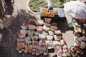 High angle view of baskets in market