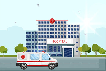 Hospital Facade Street View Flat Style Ambulance Car Entrance
