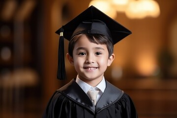 Photography of a pleased, child boy that is wearing a graduation gown and cap against a grand auditorium background. Generative AI