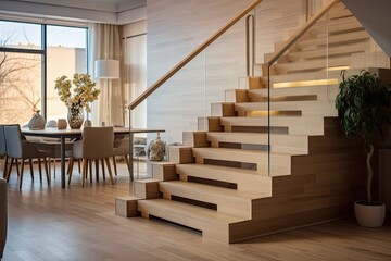 Obraz premium Contemporary wooden stairs made from natural ash tree are incorporated in the interior of a new house. The staircase showcases modern architecture and interior design, adding a touch of elegance to