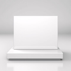 Fototapeta premium A minimalist white square podium on a clean white background serves as an empty showcase. Elevate your displays with this unadorned pedestal, perfect for spotlighting products.