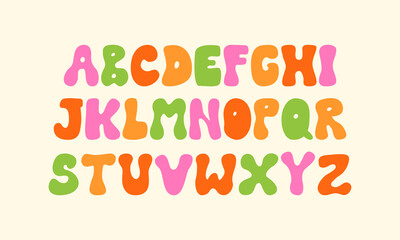 Groovy alphabet in hippie retro style. Vector flat illustration