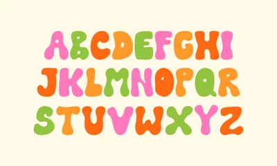 Abwaschbare Fototapete Positive Typografie Groovy alphabet in hippie retro style. Vector flat illustration