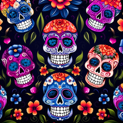 Day of The Dead colorful sugar skull pattern with floral ornaments. Mexican or Latin Halloween celebration