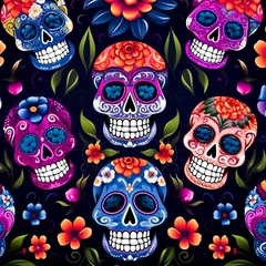 Muurstickers Schedel Day of The Dead colorful sugar skull pattern with floral ornaments. Mexican or Latin Halloween celebration