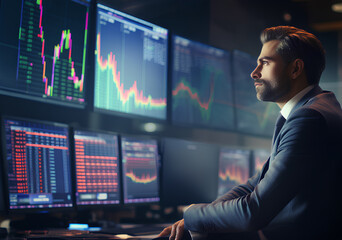 Professional trader in trading room, Businessman looking at stock chart, Generative AI - obrazy, fototapety, plakaty