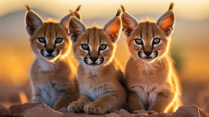 a group of young small teenage caracals wild big cats curiously looking straight into the camera, golden hour photo, ultra wide angle lens