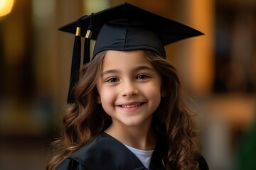 Photography of a pleased, child girl that is wearing a graduation gown and cap against a grand auditorium background. Generative AI