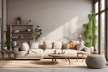 Fototapeta na wymiar A modern home decor features an open space living room with a tasteful arrangement. It includes a sleek beige sofa, a wooden stool, various cacti and plants, a book, decorative items, stylish