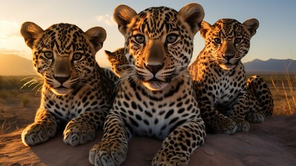a group of young small teenage jaguars wild big cats curiously looking straight into the camera, golden hour photo, ultra wide angle lens