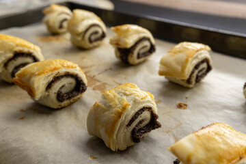 Puff pastry poppy seeds. food concept. dessert. bakery. puff pastry swirls