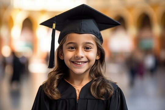 Photography of a pleased, child girl that is wearing a graduation gown and cap against a grand auditorium background.