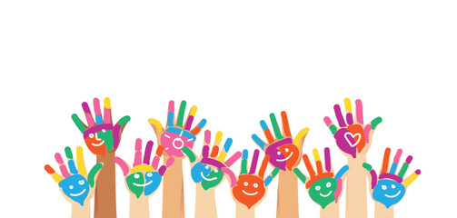 Multiethnic diverse painted colorful hands of children with smile and heart shape raised up isolated vector illustration on white background