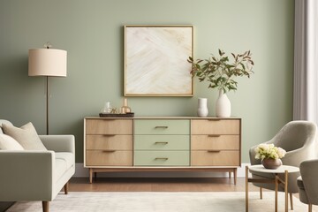 A contemporary living room design featuring modern furnishings and personalized items arranged on a eucalyptus wooden dresser. The wall is painted in a soothing sage green color, providing a neutral